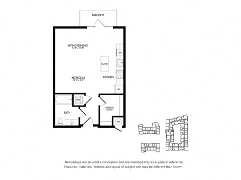 Floor plan for studio, 1 bath, 638 sqft